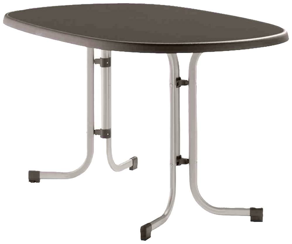 Ein ovaler, schwarzer Tisch mit silbernem Metallgestell, steht auf vier gebogenen Beinen.