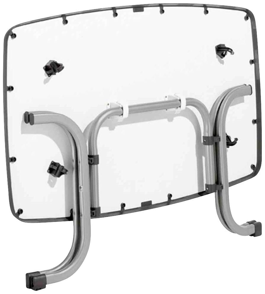Ein zusammenklappbarer Tisch auf der Rückseite, zeigt Metallbeine und Verriegelungsmechanismen für einfache Lagerung.