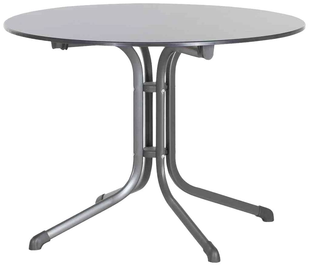 Runder Tisch mit Metallbeinen auf glattem Boden. Modernes Design, geeignet für Innen- und Außenbereiche.