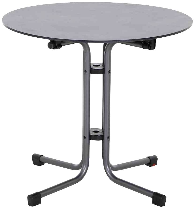 Runder, grauer Tisch mit Metallbeinen auf rutschfesten Füßen. Der Tisch hat eine glatte Oberfläche und ist für den Innenbereich geeignet.