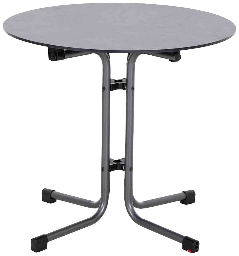 Runder, klappbarer Tisch mit grauer Oberfläche und schwarzem Metallgestell, steht auf vier stabilen, gummierten Füßen.