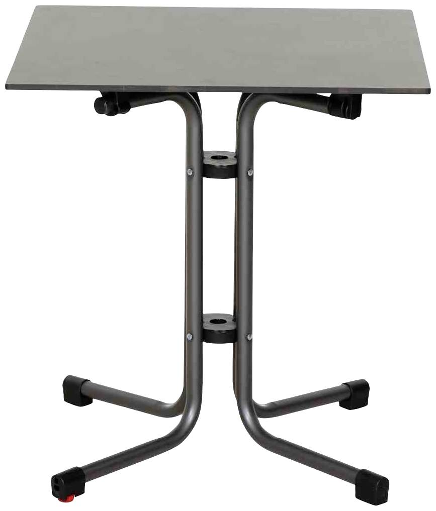 Kleiner Rolltisch aus Metall mit rechteckiger Platte und verstellbaren Beinen. Geeignet für flexible Nutzung in Wohnräumen oder Büros.