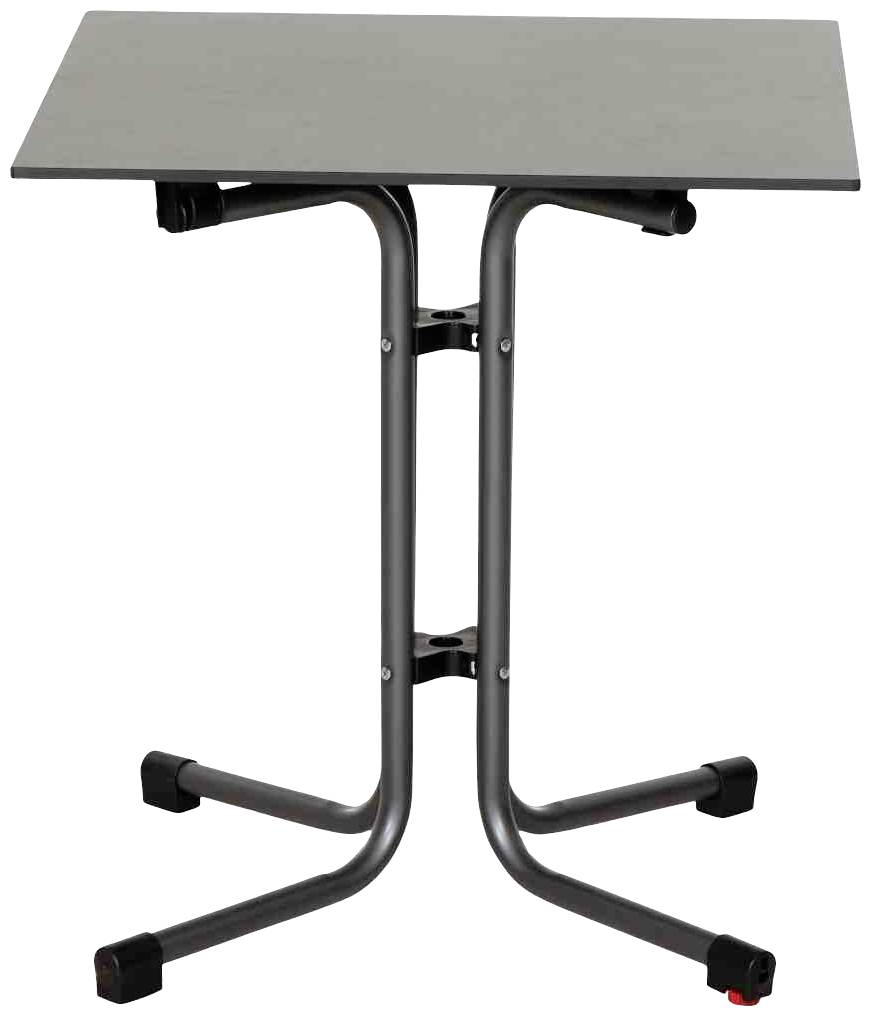 Ein kleiner, quadratischer Tisch mit schwarzer Tischplatte und Metallgestell, das auf zwei gebogenen, stabilen Beinen steht.