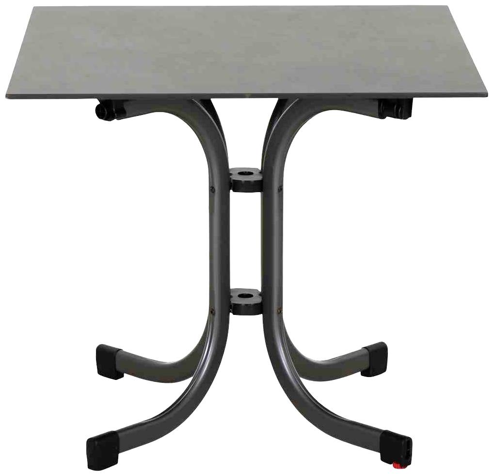 Kleiner quadratischer Tisch mit dunkelgrauer Platte und gebogenen Metallbeinen, geeignet für Innen- oder Außenbereiche.