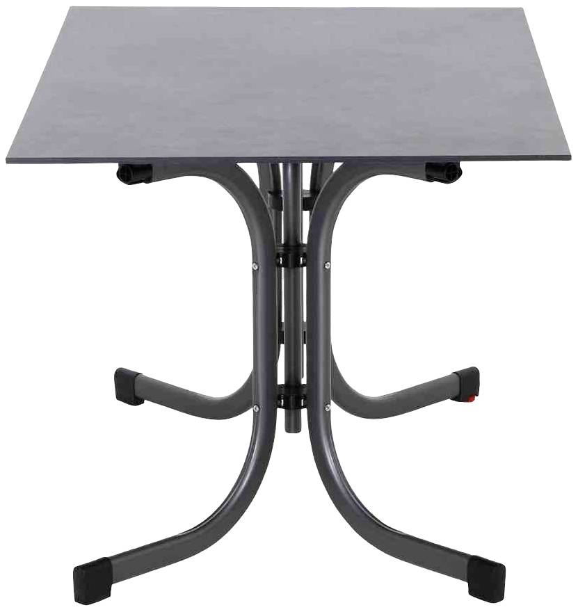 Kleiner rechteckiger Tisch mit grauer Tischplatte, Stahlrohrbeinen und schwarzen Kunststofffüßen.