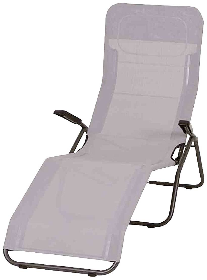 Graue Sonnenliege mit Metallrahmen und Armlehnen, leicht angewinkelt, geeignet für Garten oder Terrasse.