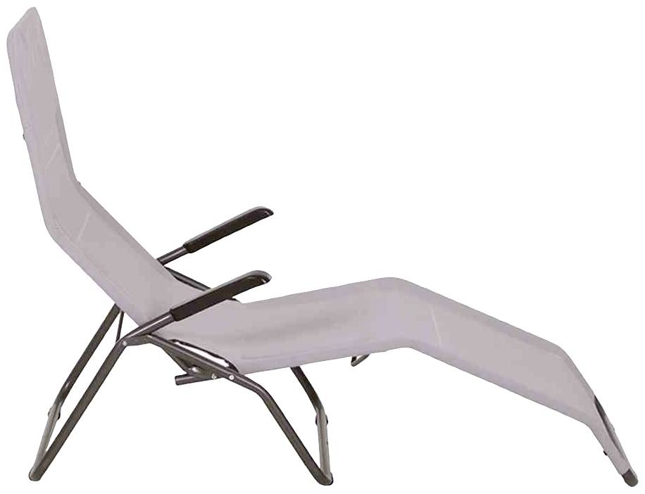 Ein grauer, klappbarer Liegestuhl mit Metallrahmen, ideal für den Außenbereich.