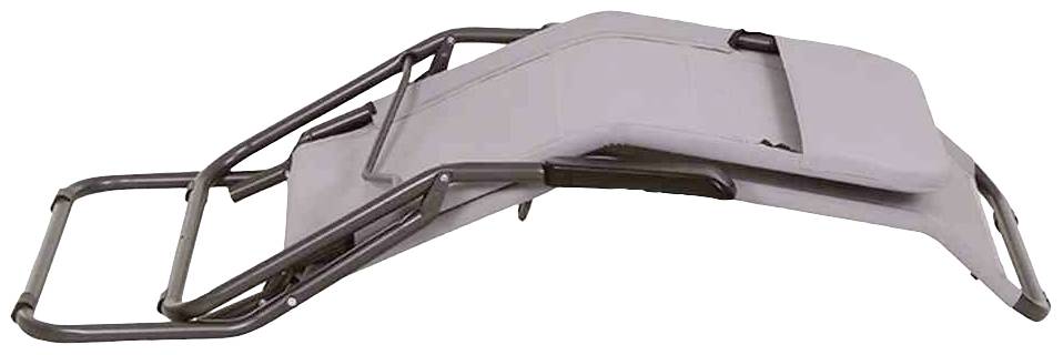 Gepolsterte, verstellbare Sonnenliege mit grauem Stoff und schwarzem Metallrahmen in seitlicher Ansicht. Ideal für Garten oder Terrasse.