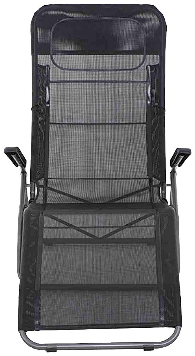Ein schwarzer Liegestuhl mit verstellbarer Rückenlehne und Armlehnen. Ideal für den Einsatz im Freien, z.B. im Garten oder auf der Terrasse.