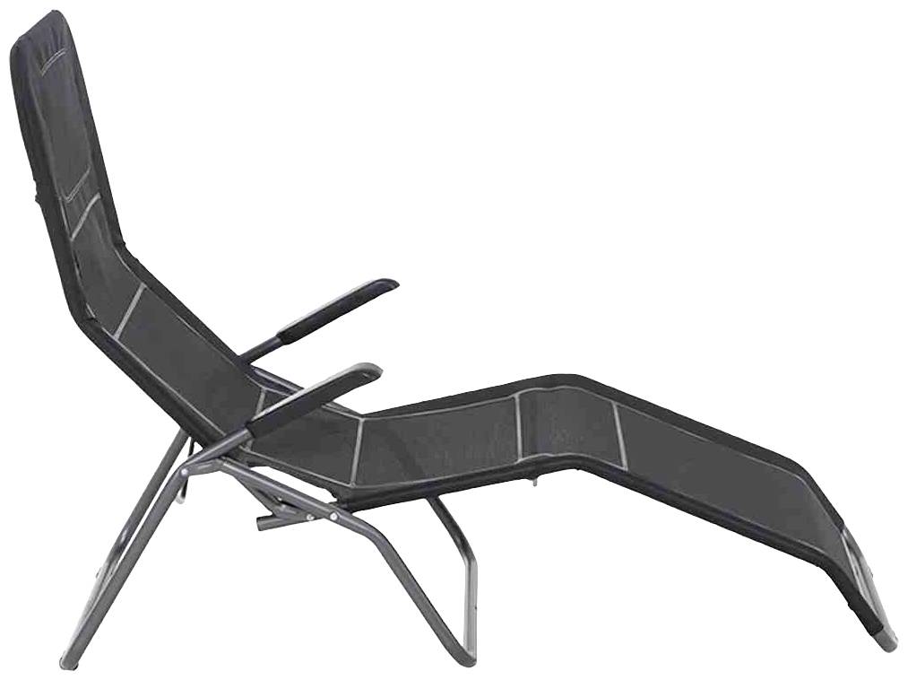 Ein schwarzer Liegestuhl aus Metall und Textilgewebe, seitlich gesehen, zeigt ein modernes Design für Garten oder Terrasse.