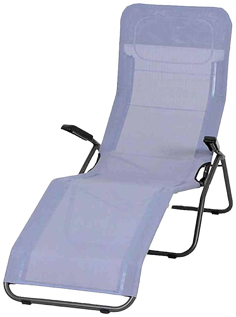 Ein blauer Liegestuhl mit Metallrahmen. Der Stuhl hat Armlehnen und ist verstellbar, geeignet für Garten oder Terrasse.