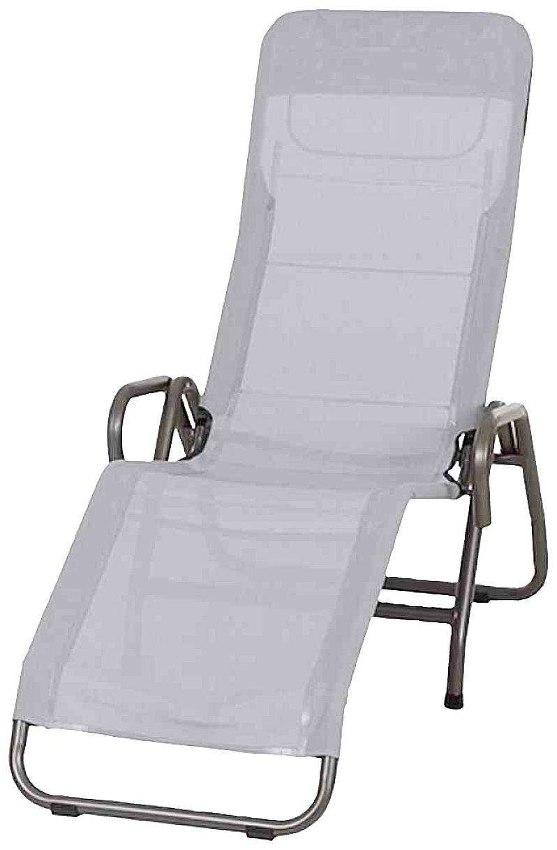 Ein grauer Liegestuhl mit Metallgestell, geeignet für den Außenbereich. Der Stuhl hat Armlehnen und ist verstellbar.