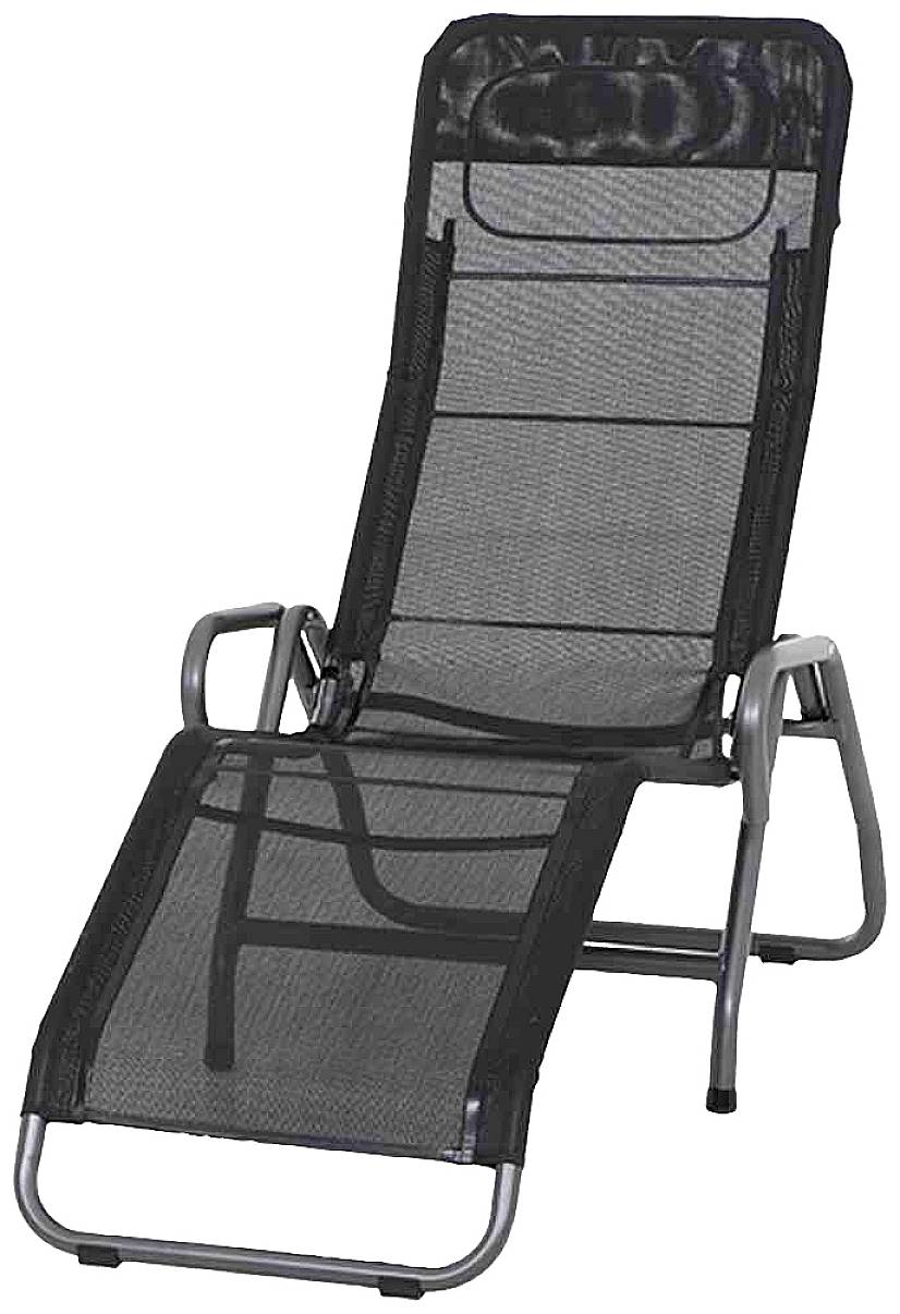 Ein schwarzer Liegestuhl mit Metallrahmen und hoher Rückenlehne, geeignet für den Außenbereich.