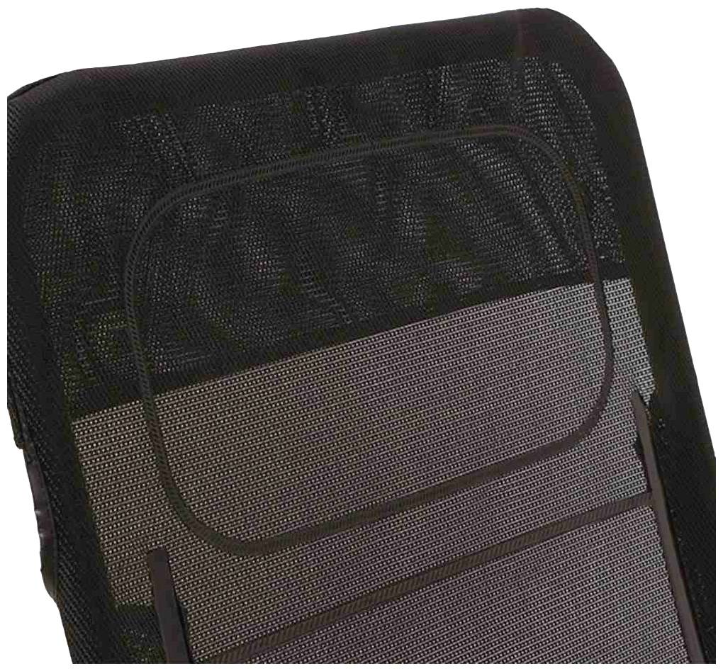 Rückenlehne eines Bürostuhls mit schwarzem Netzgewebe und ergonomischem Design zur Unterstützung und Belüftung.