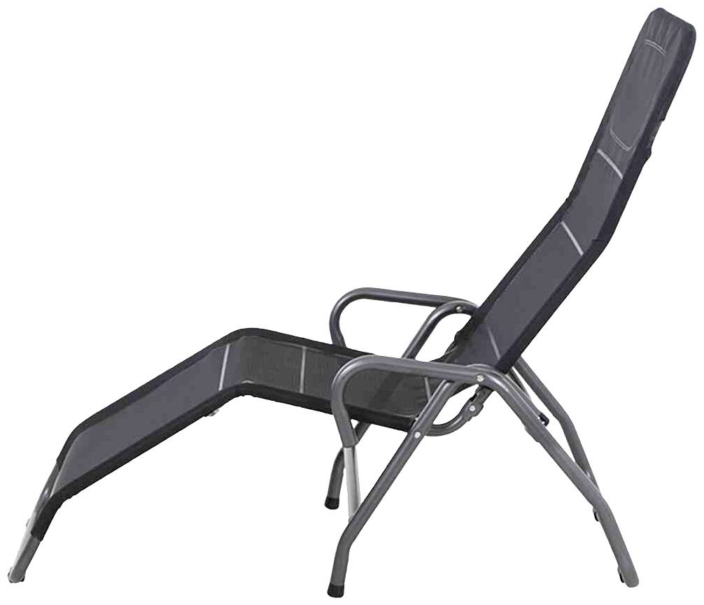 Eine schwarze Sonnenliege mit Metallrahmen, angewinkelt für entspanntes Liegen. Perfekt für Terrasse oder Garten.