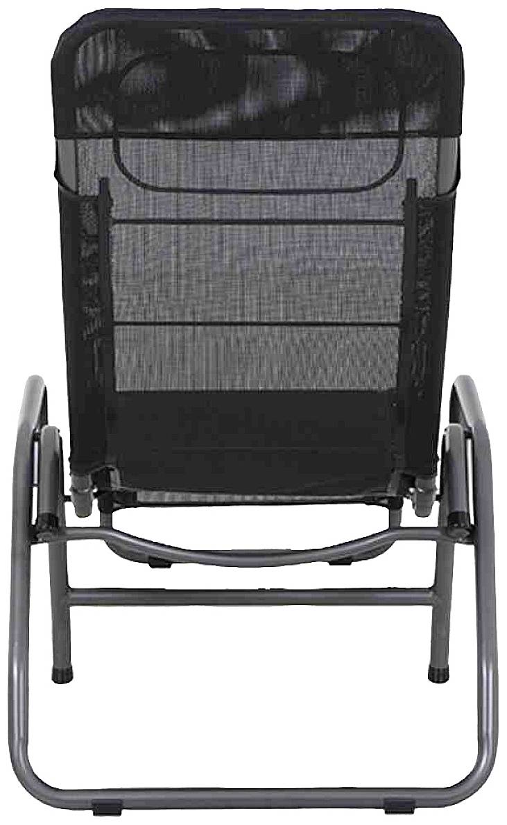 Ein schwarzer Klappstuhl mit Metallrahmen, von hinten gesehen, steht aufrecht. Der Stoff ist durchsichtig und die Armlehnen sind aus Metall.