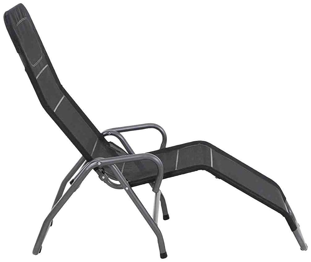Schwarze Gartenliege mit Metallgestell und verstellbarer Rückenlehne, ideal für den Außenbereich.