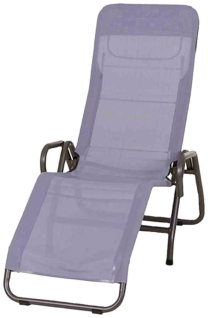 Grau-blauer Liegestuhl mit Metallrahmen, ideal für Entspannung im Außenbereich.