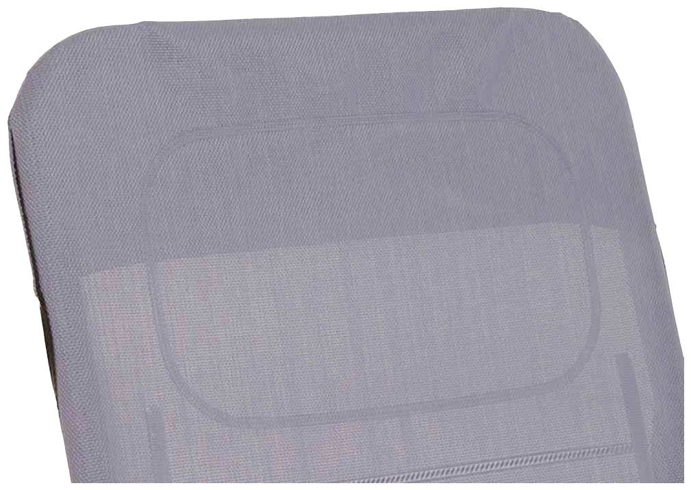 Ein grauer Stuhlrücken mit einem rechteckigen Muster in der Mitte. Der Stoff wirkt gewebt und texturiert.