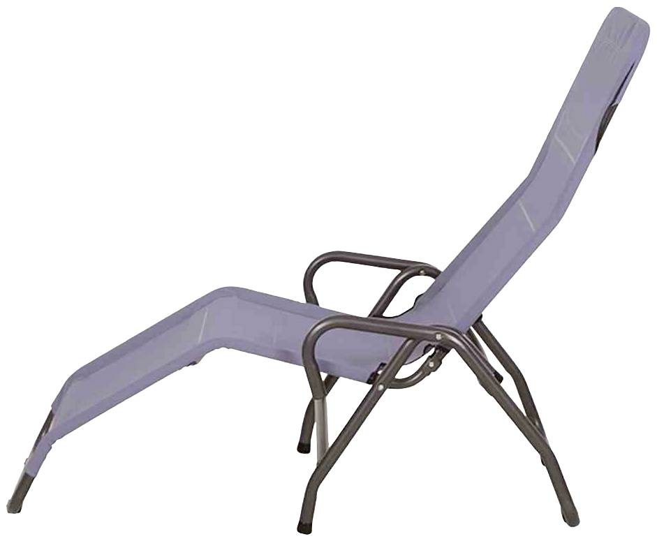 Liegestuhl mit Metallrahmen und lila Stoffbezug, seitlich betrachtet.