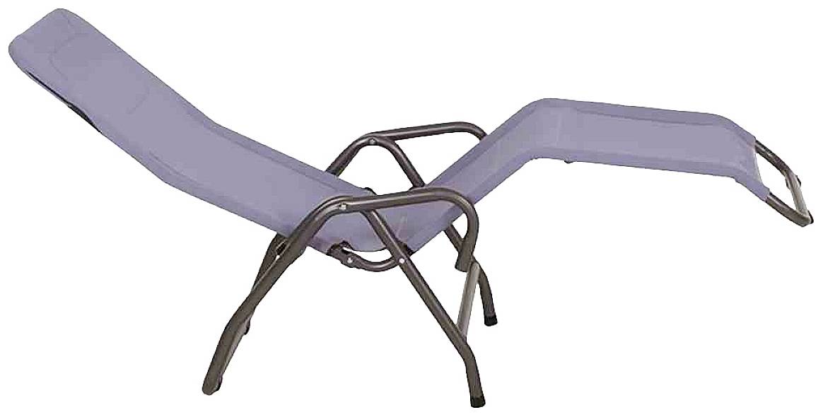 Ein lilafarbener Liegestuhl mit verstellbarem Rücken- und Beinbereich, auf einem Metallgestell. Ideal für Entspannung im Freien.