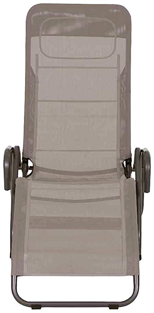 Klappbarer Liegestuhl mit Armlehnen und verstellbarer Rückenlehne, geeignet für den Außenbereich. Beige Stoffbespannung.