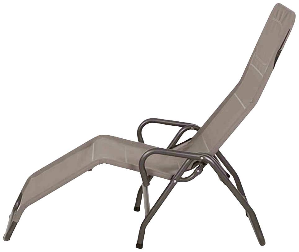 Eine braune Sonnenliege mit verstellbarer Rückenlehne und Metallrahmen, seitlich betrachtet. Ideal für Garten oder Terrasse.