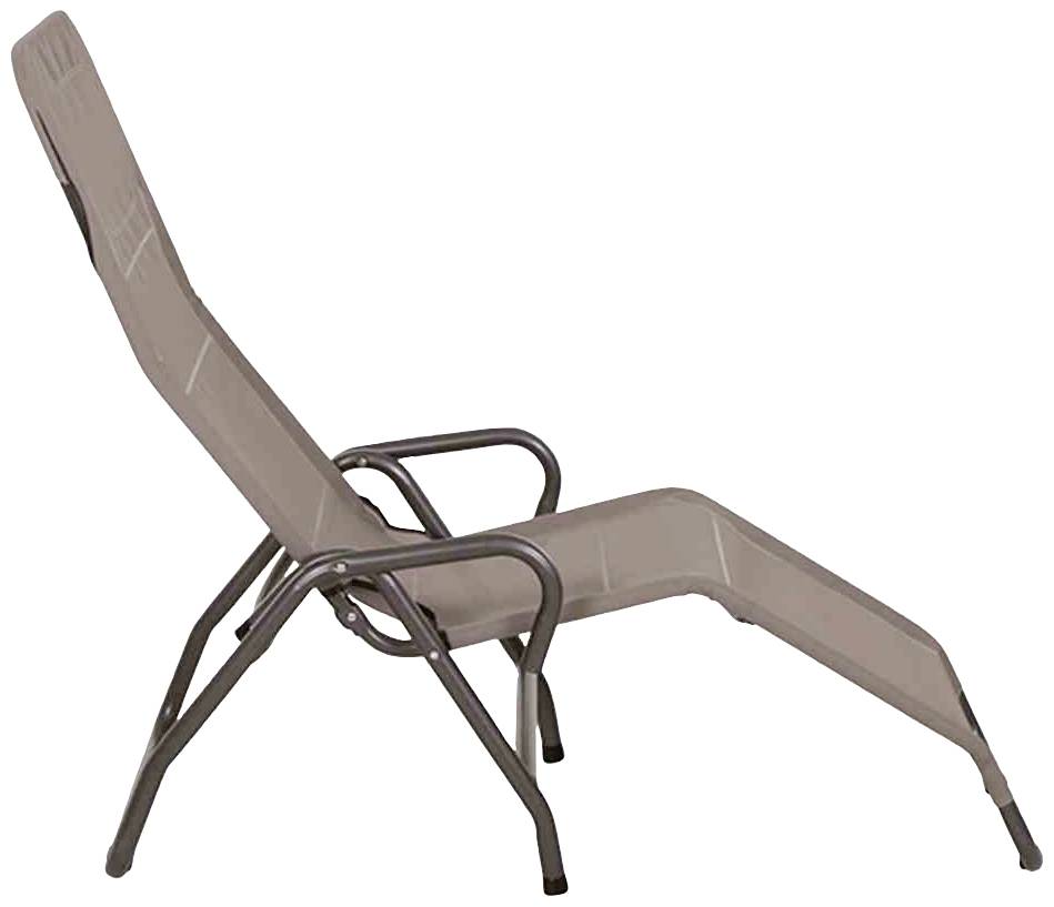 Ein klappbarer Liegestuhl aus Metall mit braunem Stoffbezug, geeignet für Garten oder Terrasse.
