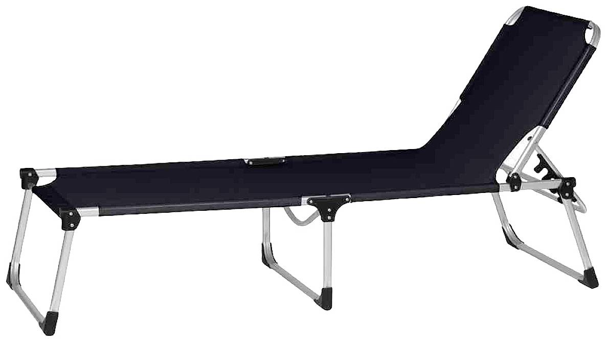 Eine schwarze Sonnenliege mit verstellbarem Rückenlehnenwinkel auf silbernem Metallrahmen. Ideal zum Entspannen im Freien.