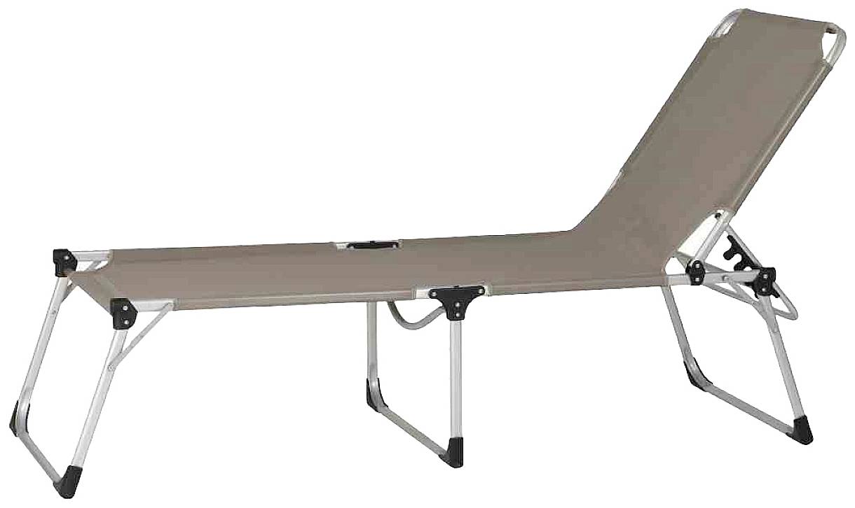 Eine beige Liege mit verstellbarem Rücken, robustem Aluminiumrahmen und faltbaren Beinen. Ideal für den Außenbereich oder den Garten.