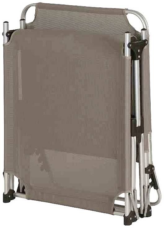 Zusammengeklapptes, tragbares Bettgestell mit Metallrahmen und braunem Stoffbezug, geeignet für einfache Lagerung.