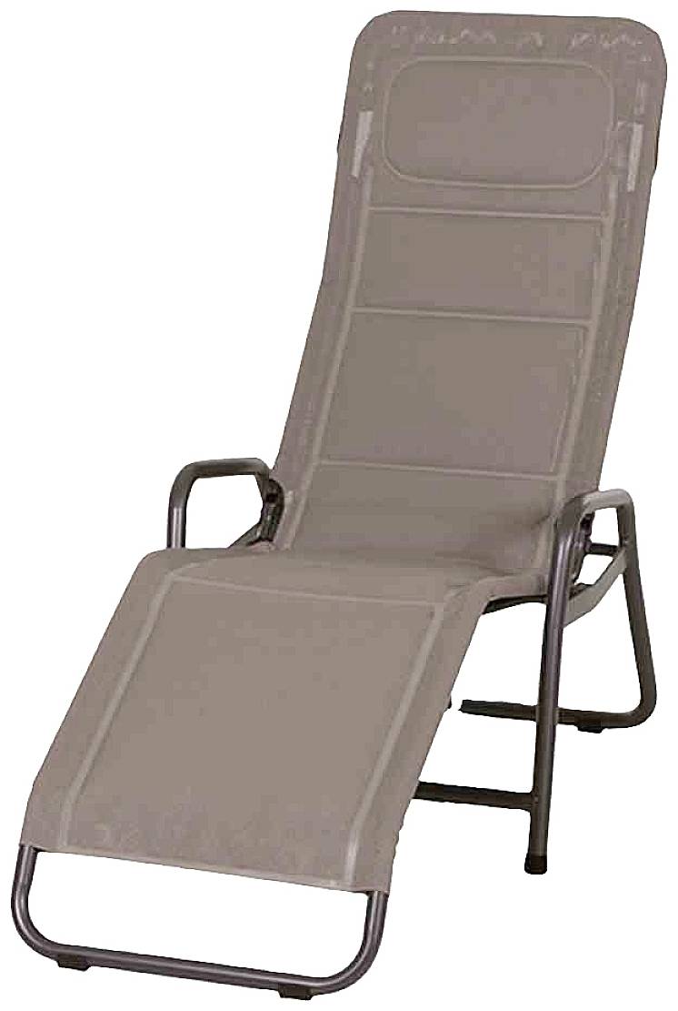 Grau-brauner Liegestuhl aus Metall mit Armlehnen und gepolstertem Bezug, geeignet für Garten oder Terrasse.