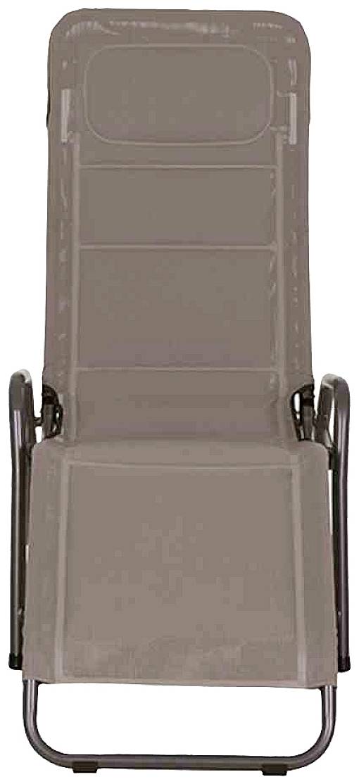 Liegestuhl aus Metall und Stoff in Beige, zusammenklappbar, mit Armlehnen. Ideal für den Einsatz im Garten oder am Strand.