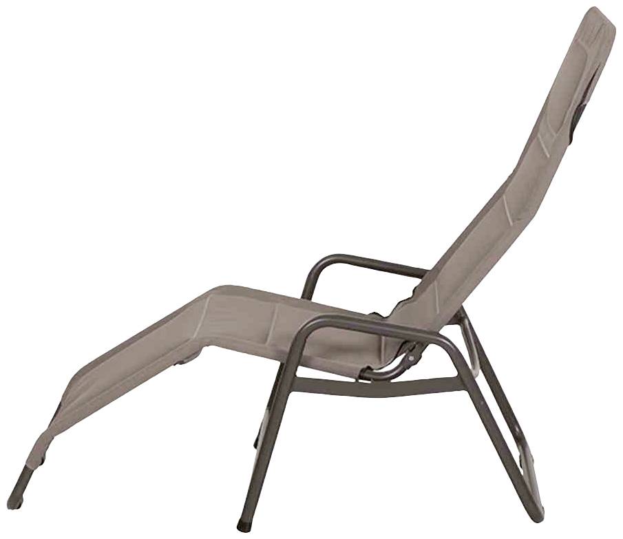 Liegestuhl mit Metallrahmen und brauner Polsterung. Ergonomisches Design, geeignet für Entspannung im Freien.