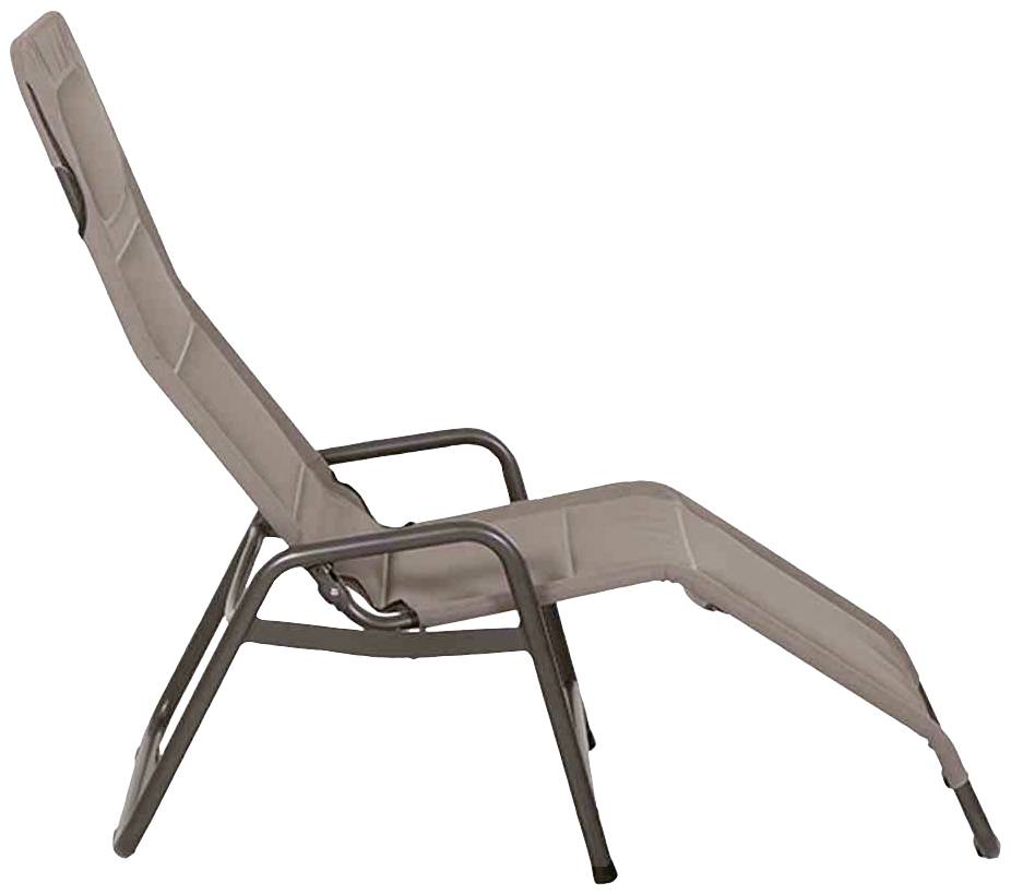 Ein brauner Liegestuhl mit Metallrahmen, seitlich betrachtet. Geeignet für Entspannung im Garten oder auf der Terrasse.