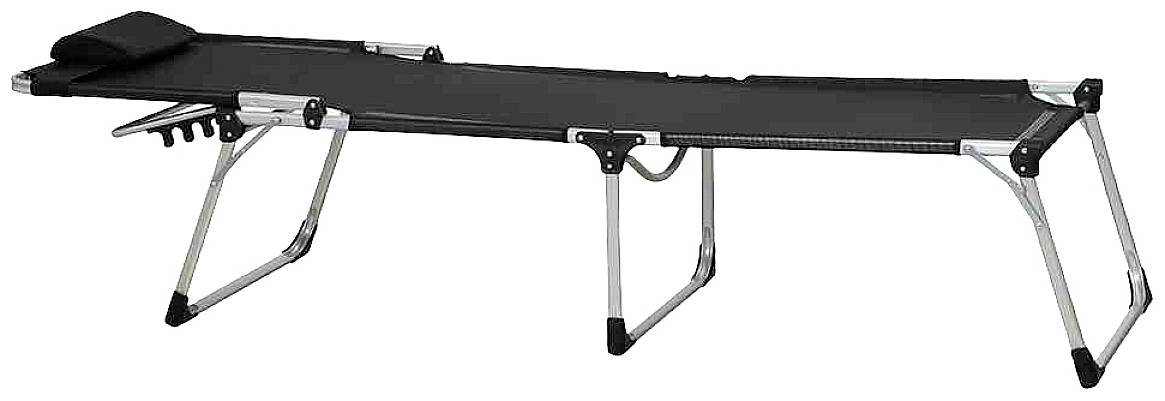 Feldbett aus schwarzem Stoff mit Metallrahmen, klappbare Beine. Ideal für Camping oder Notunterkünfte.