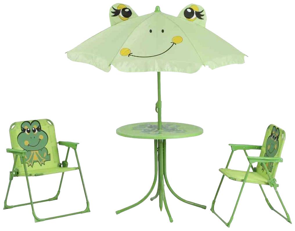Grünes Kindersitzmöbel-Set mit Froschmotiven: Zwei Stühle und ein Tisch mit einem Frosch-Schirm gestaltet.