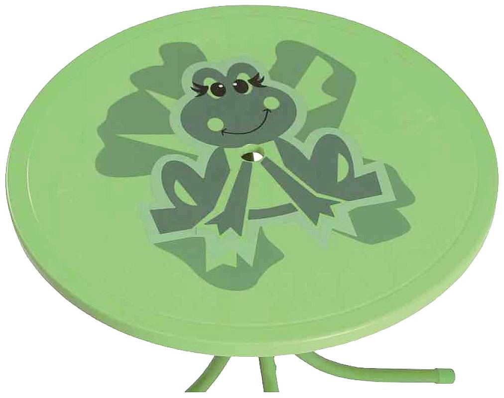 Ein runder, grüner Tisch mit einem lachenden Froschmotiv auf der Tischplatte.