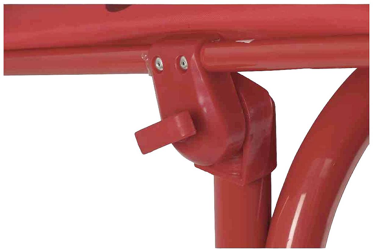 Rotes Scharnier mit Hebelmechanismus auf Metallgerüst.