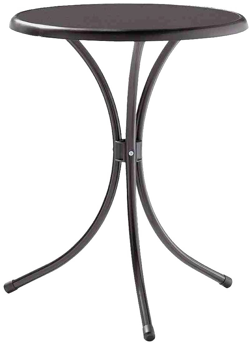 Ein runder, dunkelbrauner Stehtisch mit drei gebogenen Beinen aus Metall. Ideal für Cafés oder als Beistelltisch verwendet.