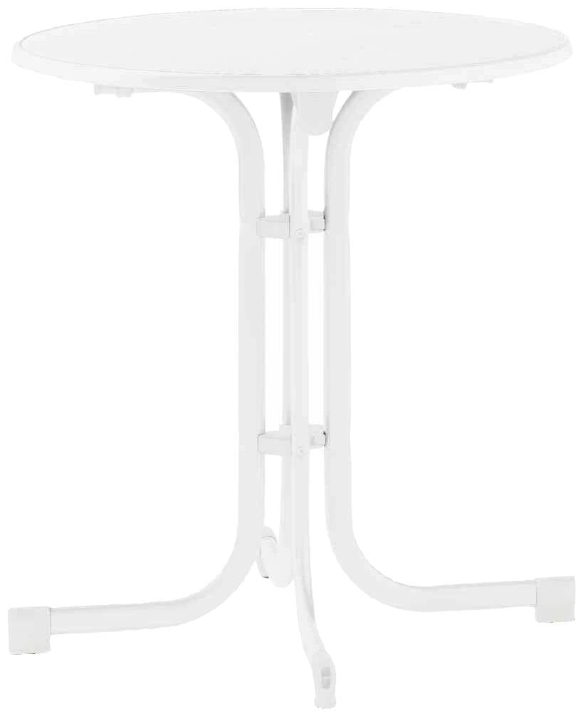 Ein weißer, runder Metalltisch mit schlanken Beinen, geeignet für den Einsatz im Freien.