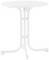Ein weißer, runder Metalltisch mit schlanken Beinen, geeignet für den Einsatz im Freien.