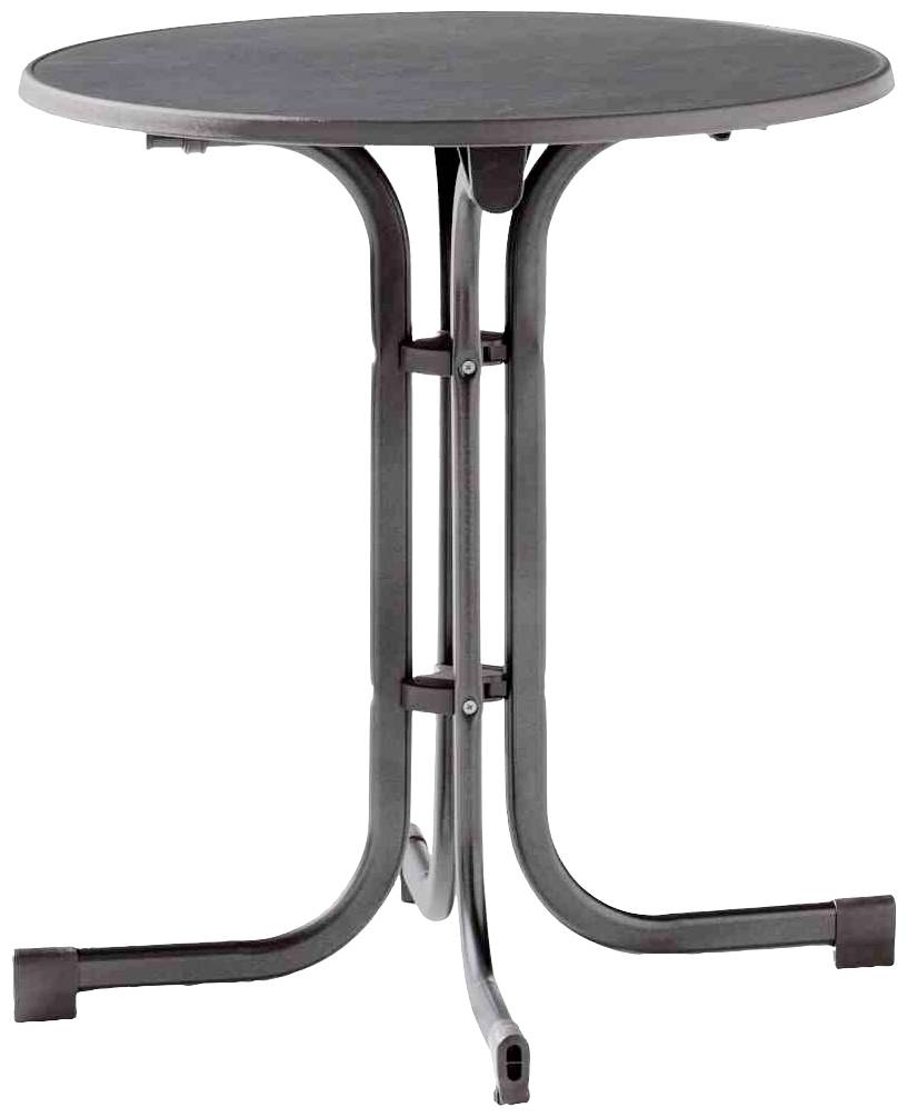 Ein runder, faltbarer Tisch aus Metall mit dunkler Oberfläche und stabilen Beinen. Ideal für kompakte Räume oder den Außenbereich.