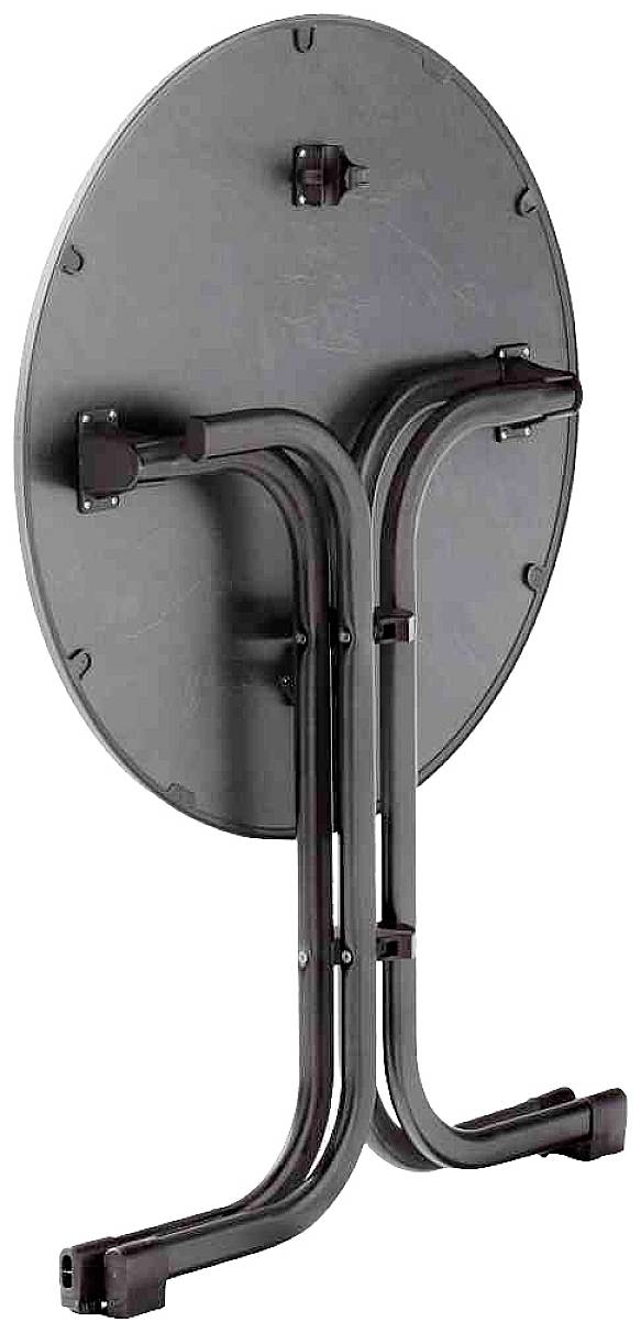 Klappbarer Tisch in vertikaler Position gezeigt, Beine eingeklappt. Ideal für platzsparende Lagerung.