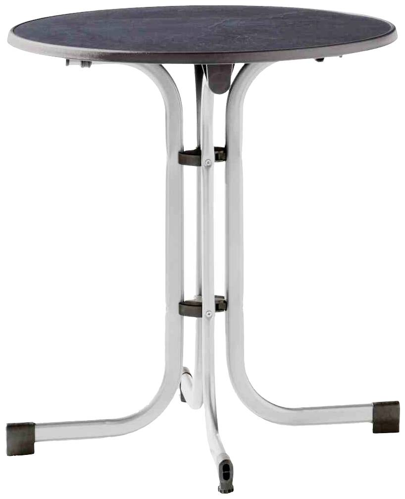 Runder, kleiner Klapptisch mit Metallgestell und dunkler Tischplatte. Ideal für Balkon oder Terrasse durch kompakte Bauweise.