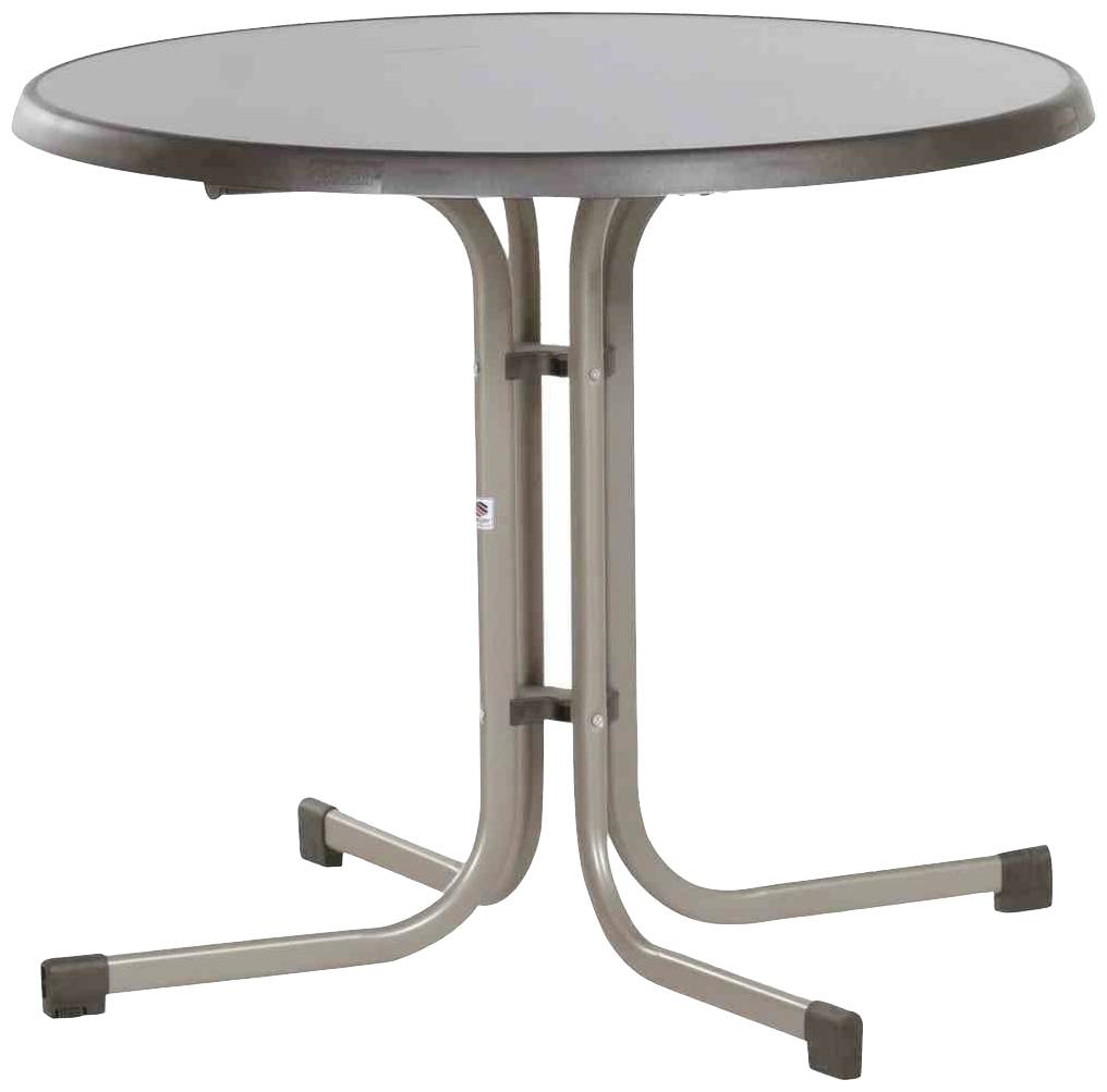 Runder Tisch mit Metallfüßen und dunkler Tischplatte. Geeignet für Ess- oder Arbeitszwecke im Innenbereich.