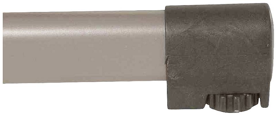 Nahaufnahme eines braunen Kunststoffgriffs an einem metallischen Rohr, das Teil eines größeren Geräts oder Möbelstücks sein könnte.