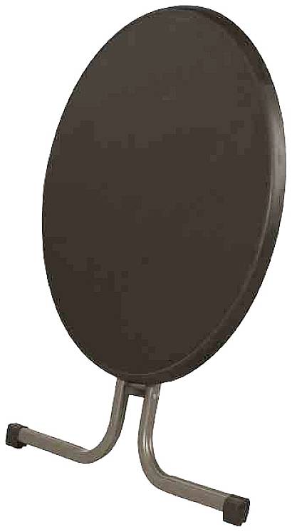 Ein runder, schwarzer Tisch, senkrecht aufgestellt, ruht auf einem Metallgestell.