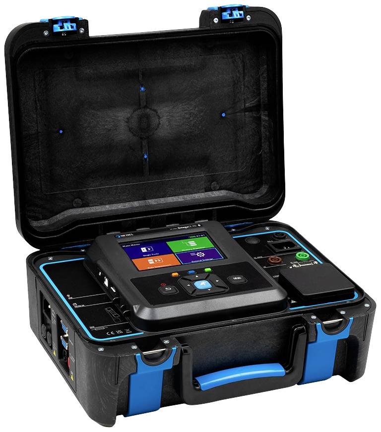 Tragbarer elektrischer Tester in einem offenen schwarzen Gehäuse mit blauem Griff. Mit digitalem Display und verschiedenen Anschlüssen.