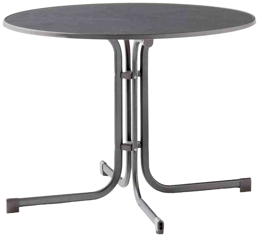 Ein runder Tisch mit einer dunklen Oberfläche und einem Metallgestell mit vier gebogenen Beinen.